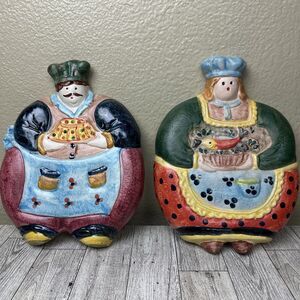 2 Vintage Italian Pottery Kitchen Wall Plaques Fat Chef And Lady Made In Italy